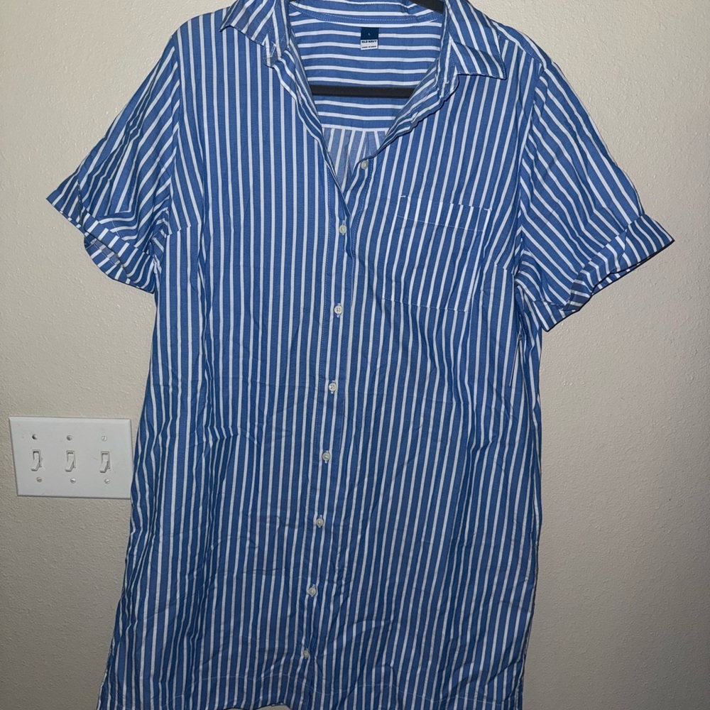 Old Navy Blue and White Striped Midi Shirt Dress